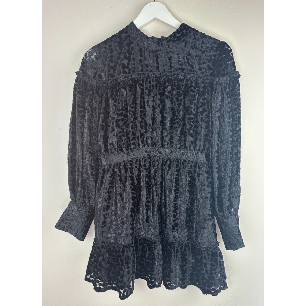 NEW Topshop Balloon Sleeve Tiered Dress Animal Print Velvet Black 6P Witchy - Picture 2 of 16